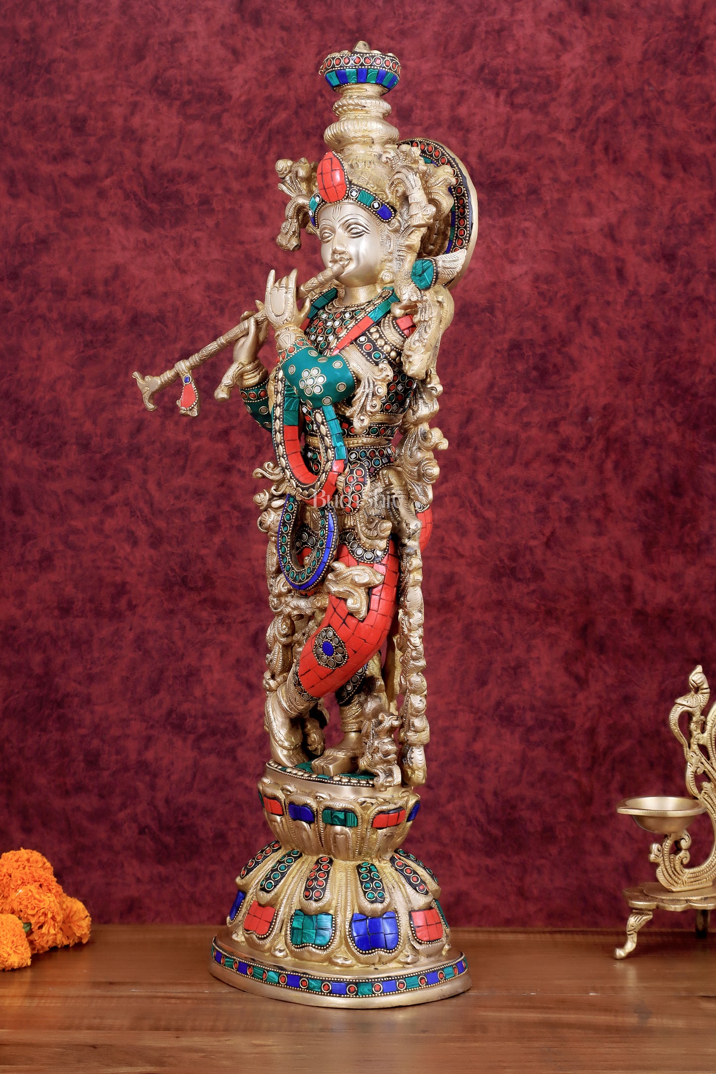 Divine brass Krishna Statue with stonework 25 inch