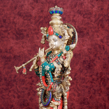 Divine brass Krishna Statue with stonework 25 inch