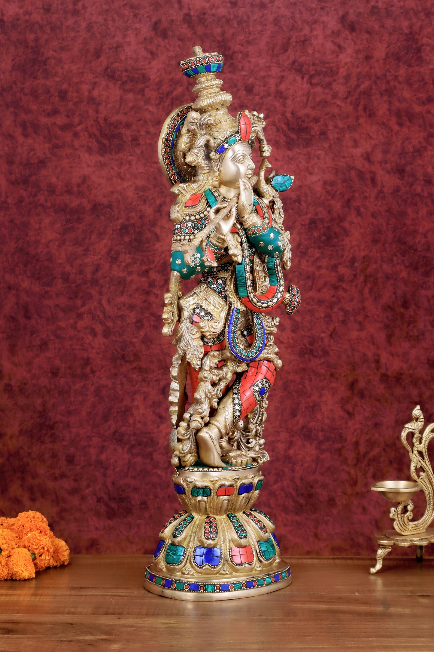 Divine brass Krishna Statue with stonework 25 inch