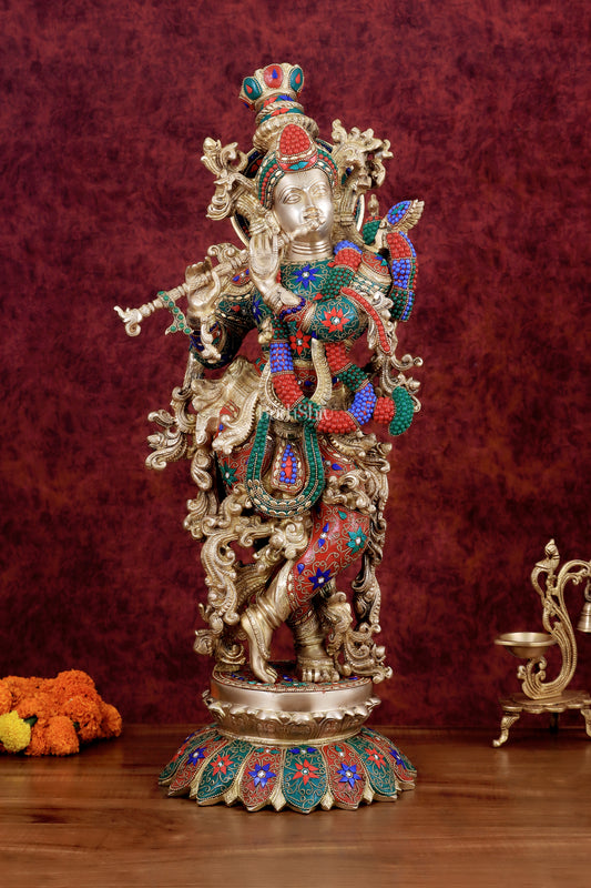 Krishna Statue with Lotus Base brass idol | 27 Inch meenakari