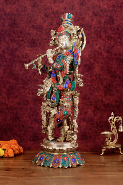 Krishna Statue with Lotus Base brass idol | 27 Inch meenakari