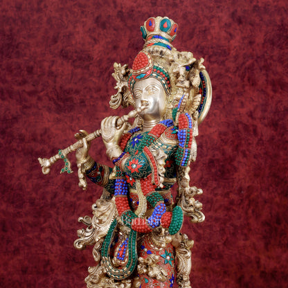 Krishna Statue with Lotus Base brass idol | 27 Inch meenakari