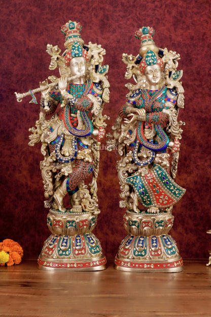 Exquisite Handmade Radha Krishna Idol Pair with Meenakari Stonework – 30 Inch