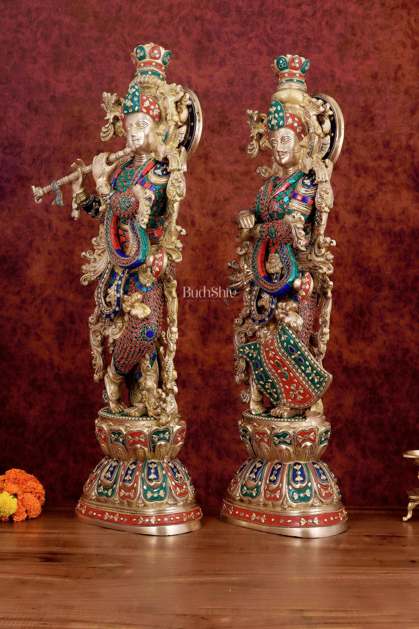 Exquisite Handmade Radha Krishna Idol Pair with Meenakari Stonework – 30 Inch