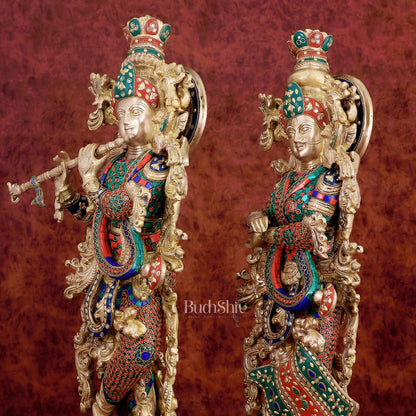 Exquisite Handmade Radha Krishna Idol Pair with Meenakari Stonework – 30 Inch