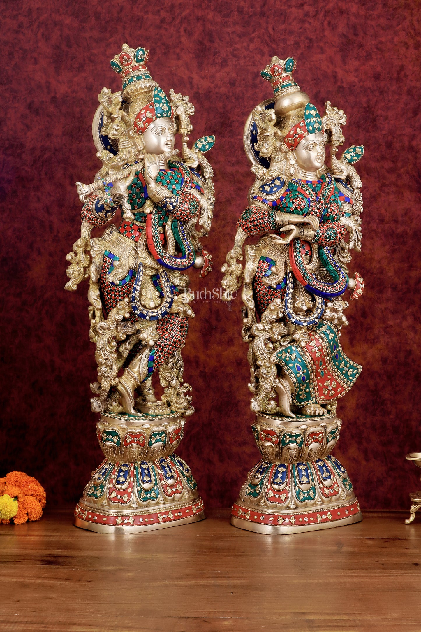 Exquisite Handmade Radha Krishna Idol Pair with Meenakari Stonework – 30 Inch