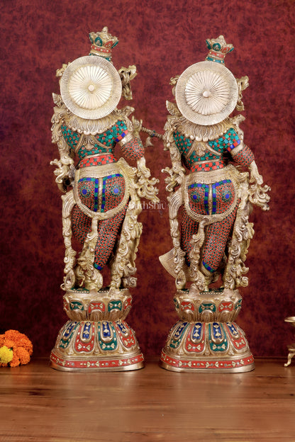 Exquisite Handmade Radha Krishna Idol Pair with Meenakari Stonework – 30 Inch