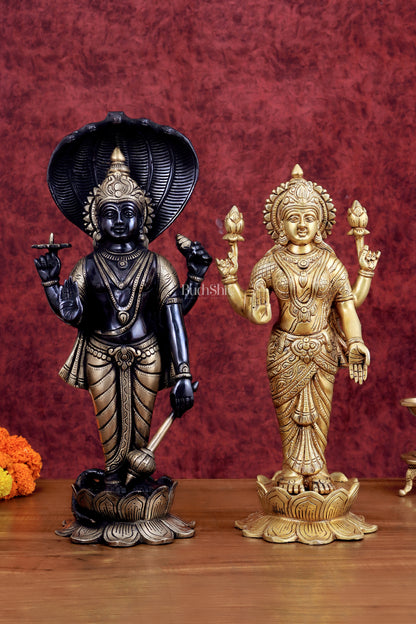 Exquisite Brass Vishnu and Lakshmi idol pair black and gold 17"