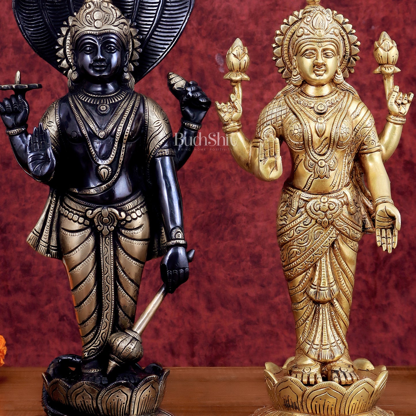 Exquisite Brass Vishnu and Lakshmi idol pair black and gold 17"