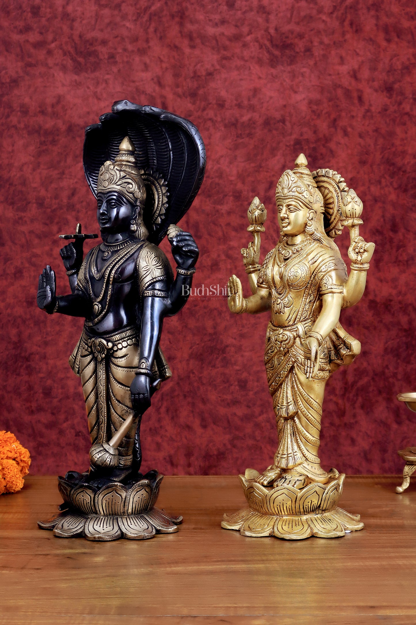 Exquisite Brass Vishnu and Lakshmi idol pair black and gold 17"