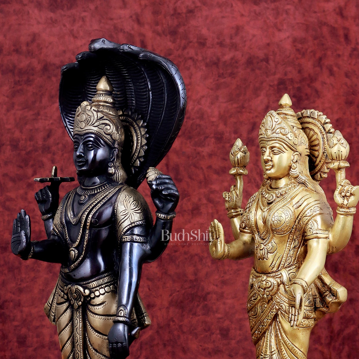 Exquisite Brass Vishnu and Lakshmi idol pair black and gold 17"