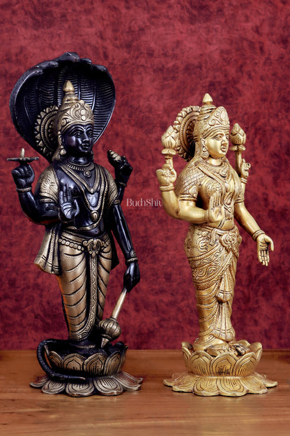 Exquisite Brass Vishnu and Lakshmi idol pair black and gold 17"