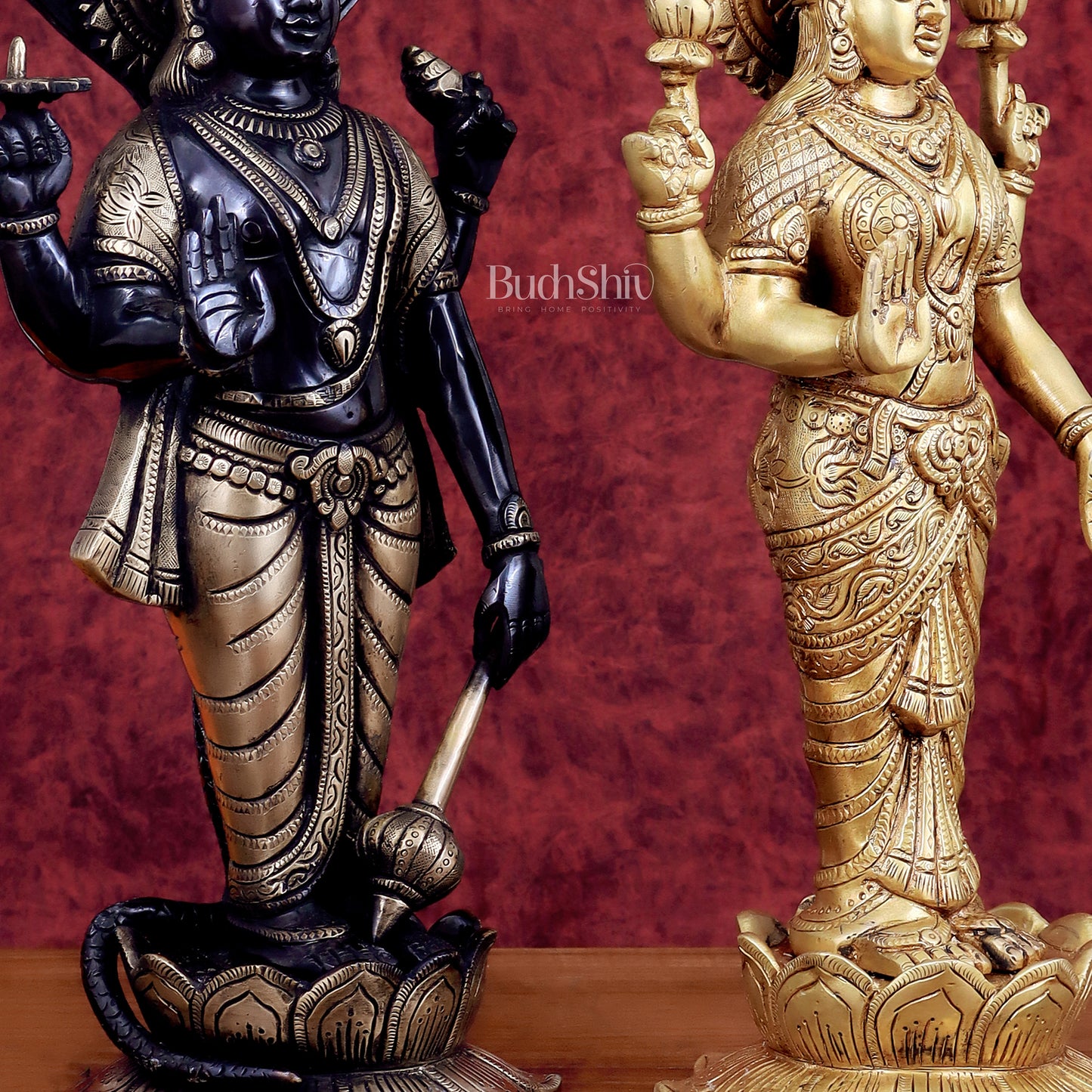 Exquisite Brass Vishnu and Lakshmi idol pair black and gold 17"