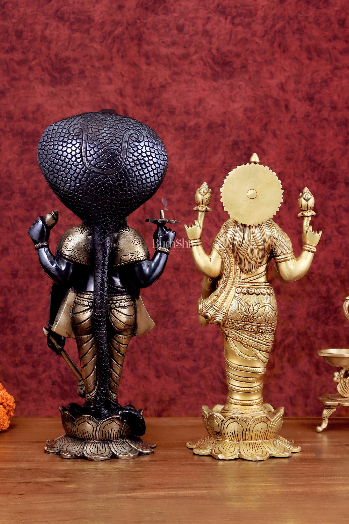 Exquisite Brass Vishnu and Lakshmi idol pair black and gold 17"