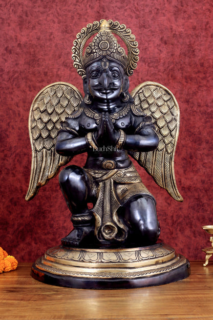 Grand Pure Brass Garuda Sculpture with Heat-Treated Black and Gold Finish - 28"