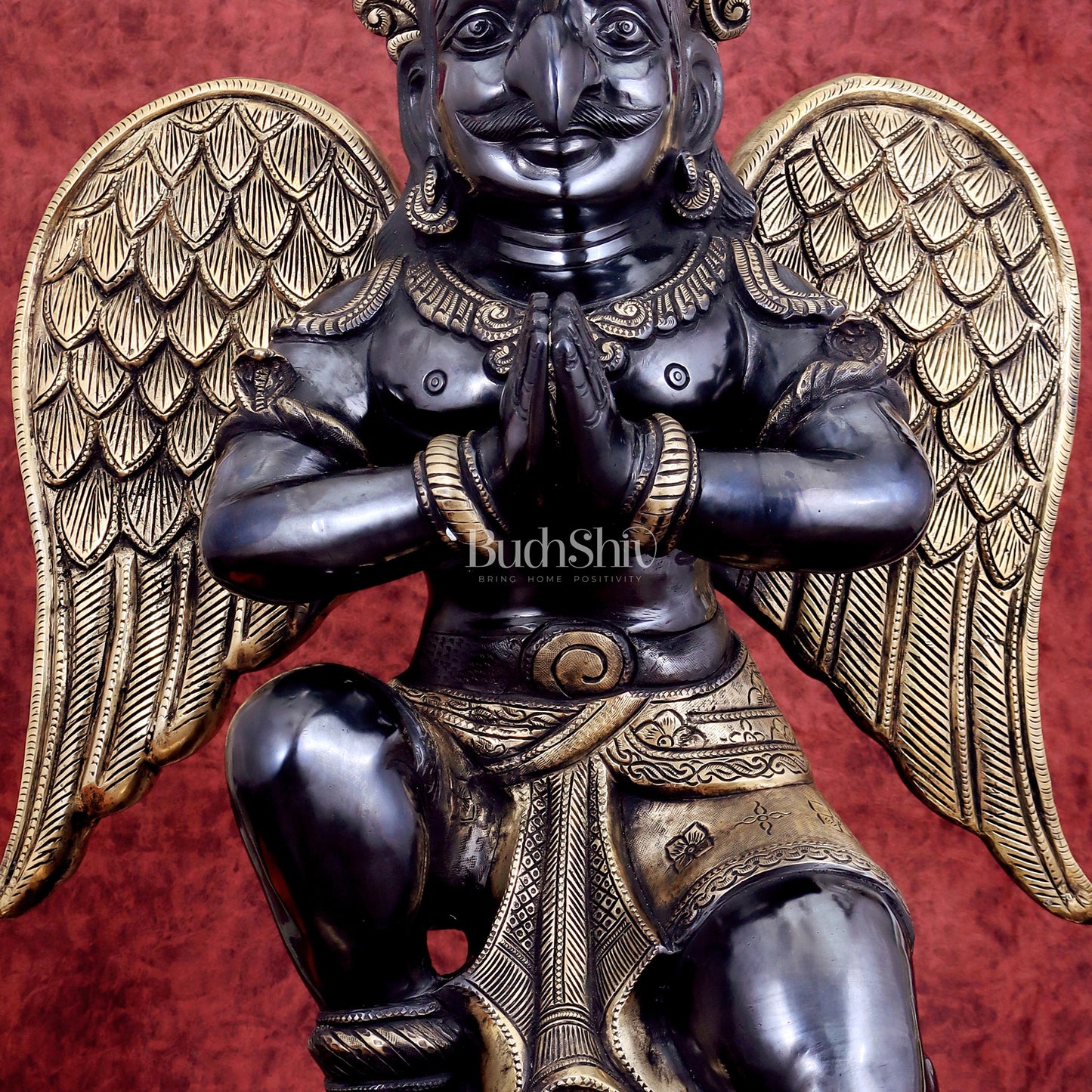 Grand Pure Brass Garuda Sculpture with Heat-Treated Black and Gold Finish - 28"