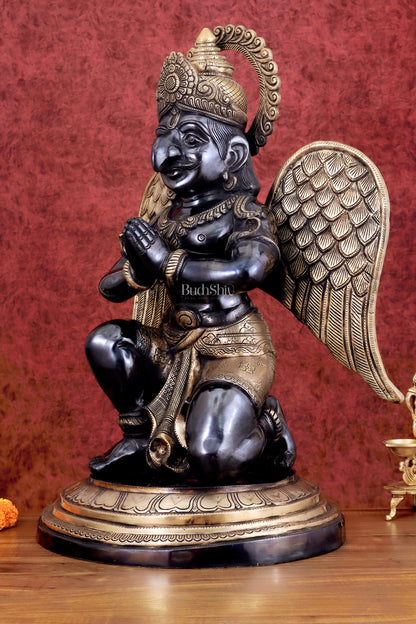 Grand Pure Brass Garuda Sculpture with Heat-Treated Black and Gold Finish - 28"