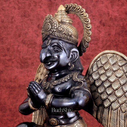 Grand Pure Brass Garuda Sculpture with Heat-Treated Black and Gold Finish - 28"