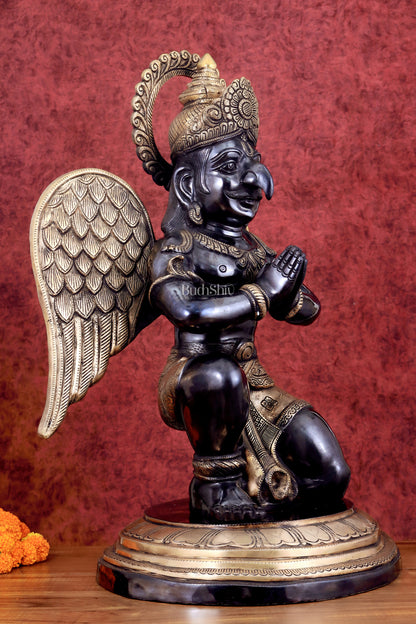 Grand Pure Brass Garuda Sculpture with Heat-Treated Black and Gold Finish - 28"