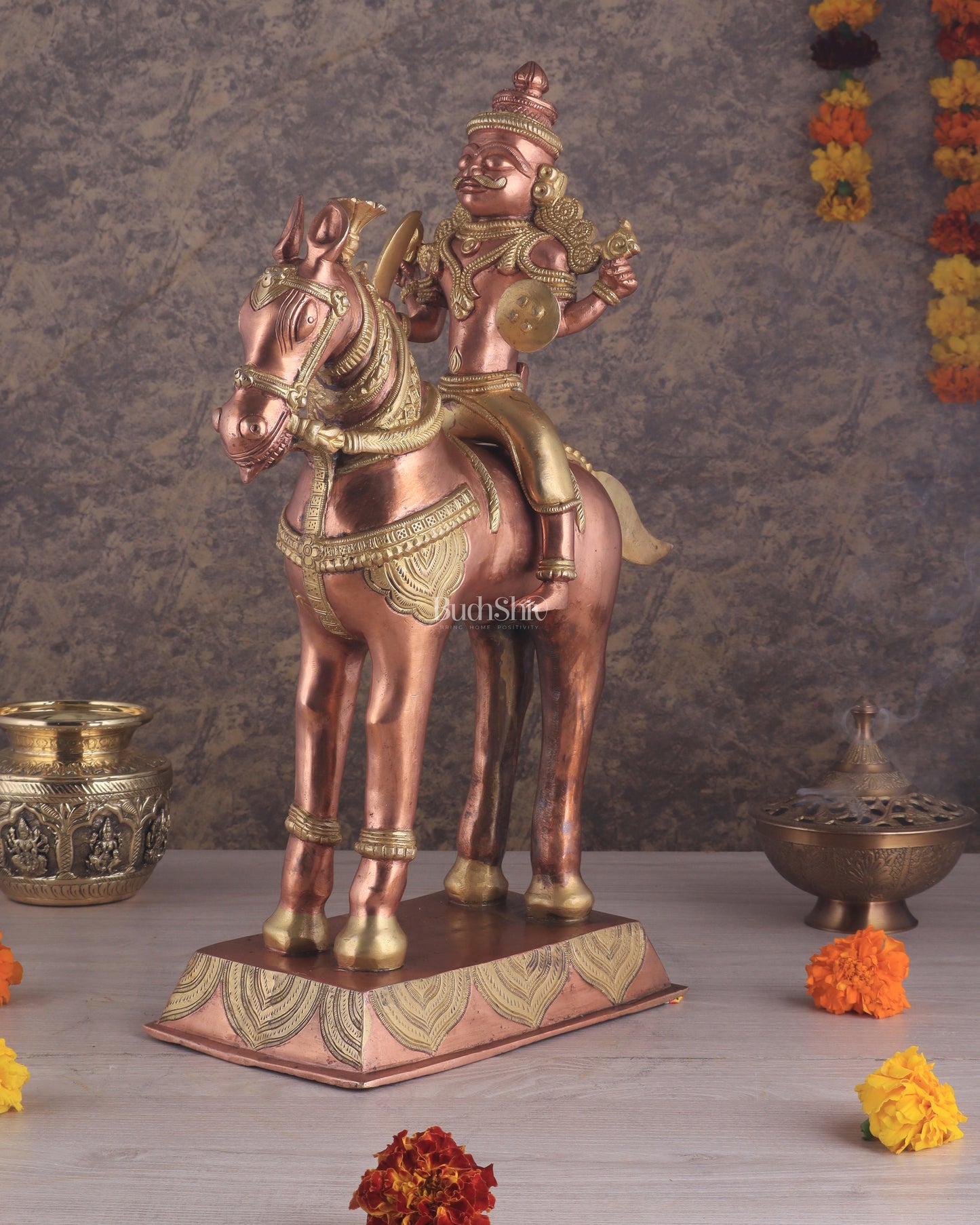 Pure Brass Large Khandoba Bhairava – Shiva on Horse Statue (South Copper Tone) 21" tall