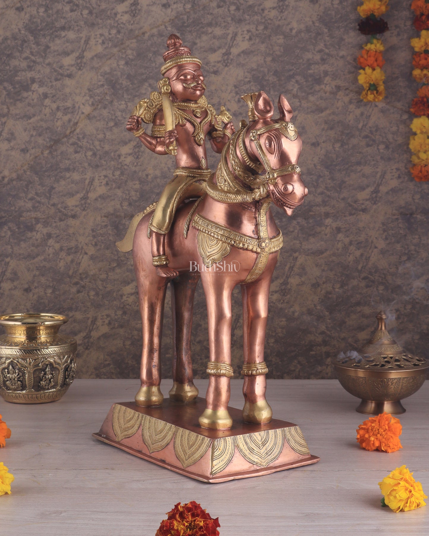 Pure Brass Large Khandoba Bhairava – Shiva on Horse Statue (South Copper Tone) 21" tall