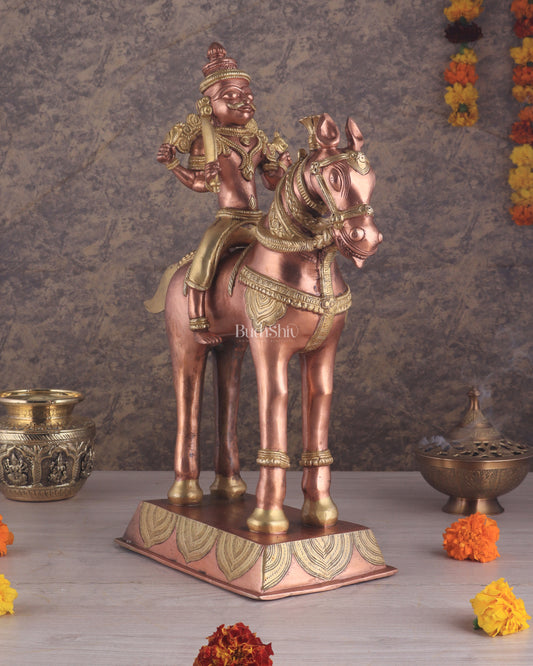 Pure Brass Large Khandoba Bhairava – Shiva on Horse Statue (South Copper Tone) 21" tall