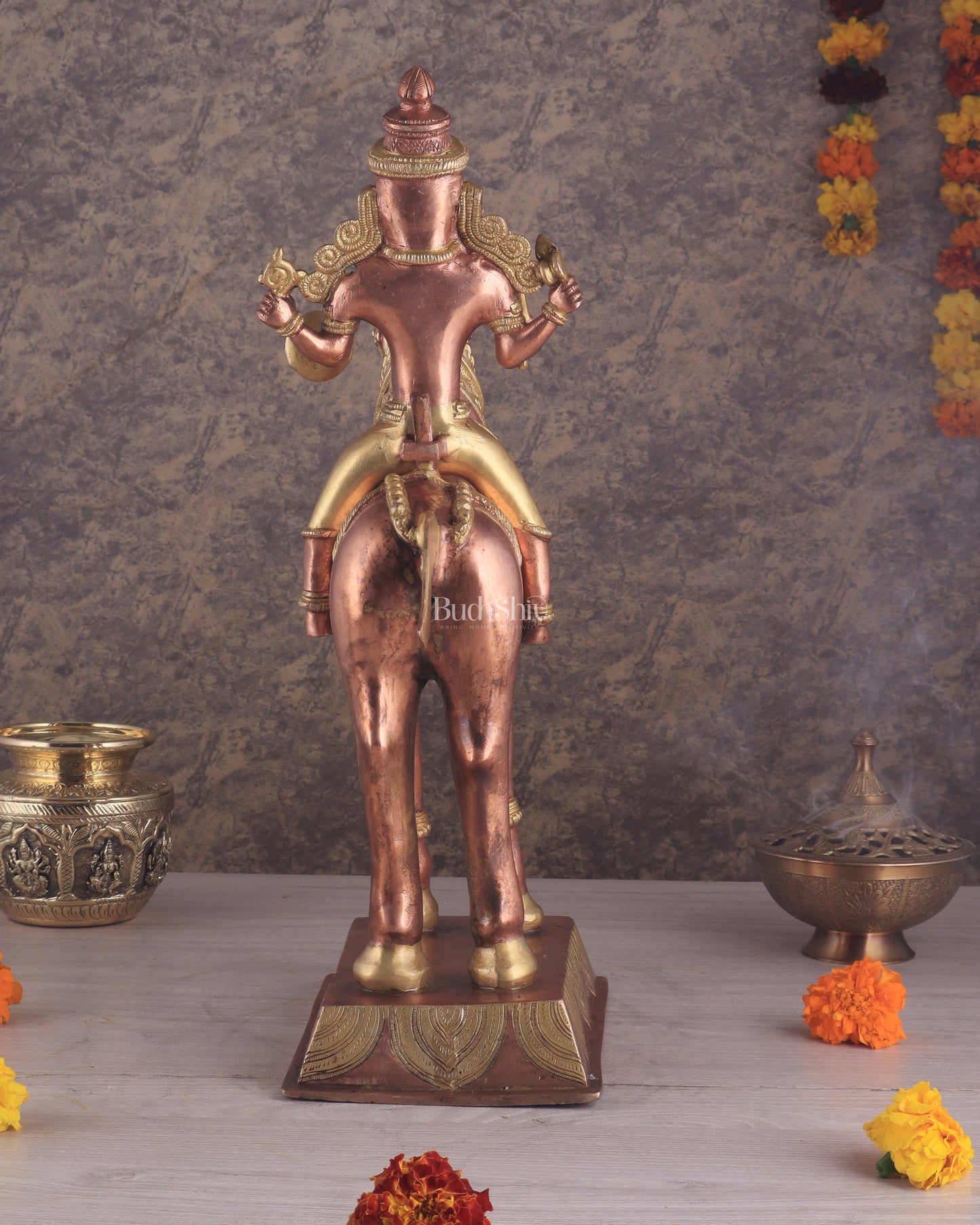 Pure Brass Large Khandoba Bhairava – Shiva on Horse Statue (South Copper Tone) 21" tall