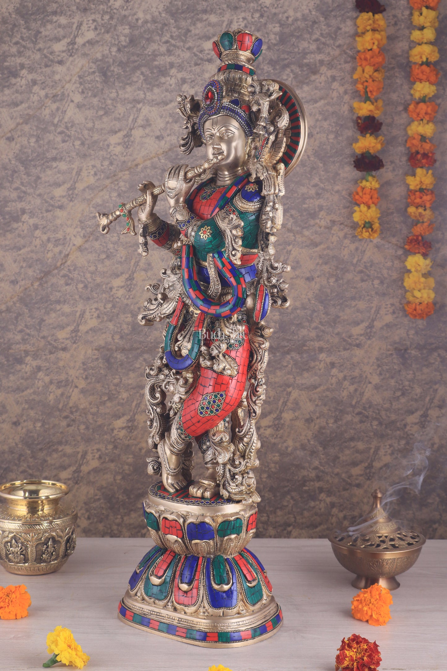 Brass Krishna Idol 30 inch meenakari Stonework