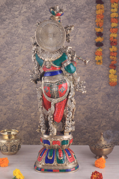 Brass Krishna Idol 30 inch meenakari Stonework