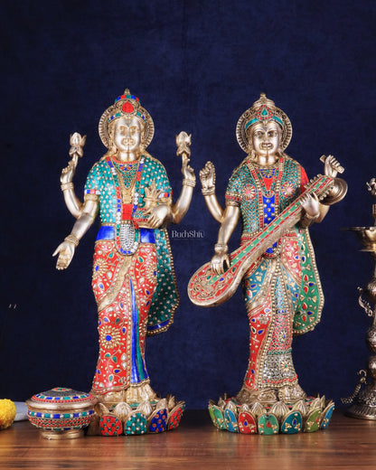 Exquisite Brass Standing Dhan Lakshmi and Saraswati Murti Set - 25" Finely Crafted Idols