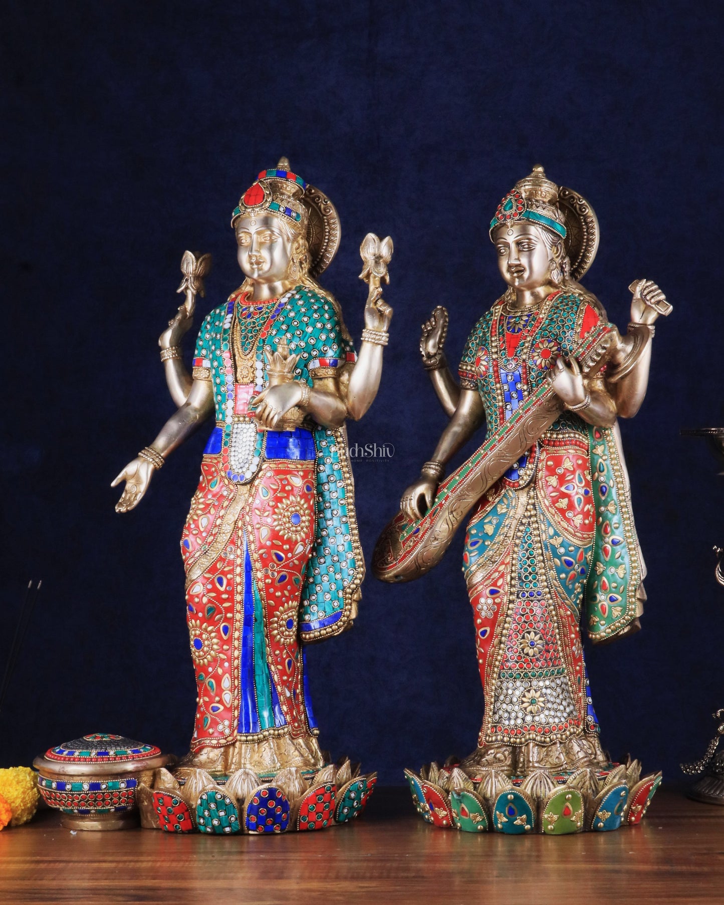 Exquisite Brass Standing Dhan Lakshmi and Saraswati Murti Set - 25" Finely Crafted Idols