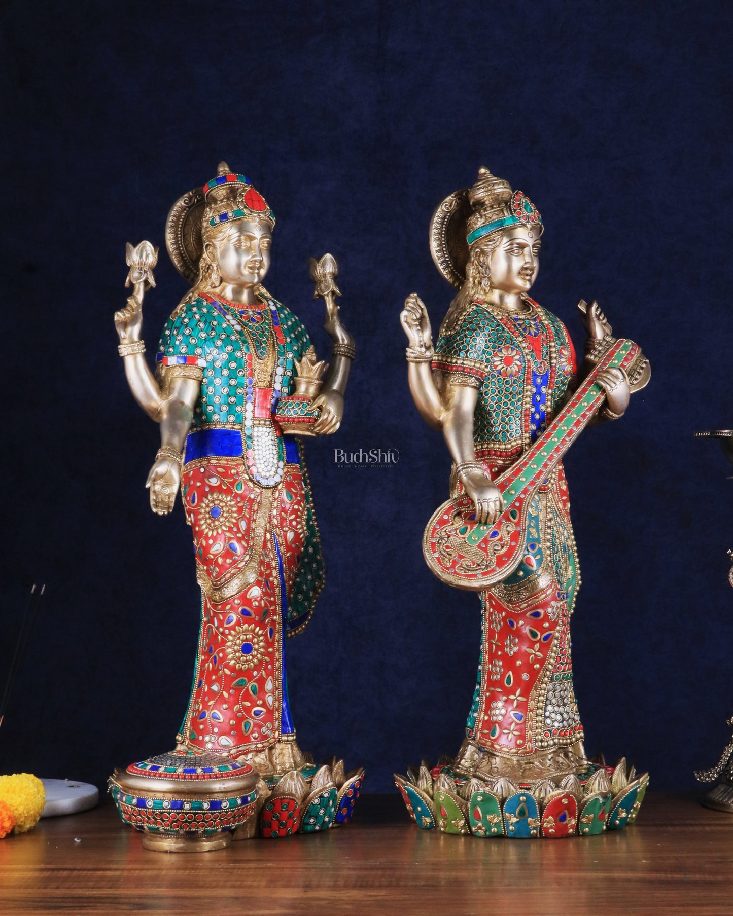 Exquisite Brass Standing Dhan Lakshmi and Saraswati Murti Set - 25" Finely Crafted Idols