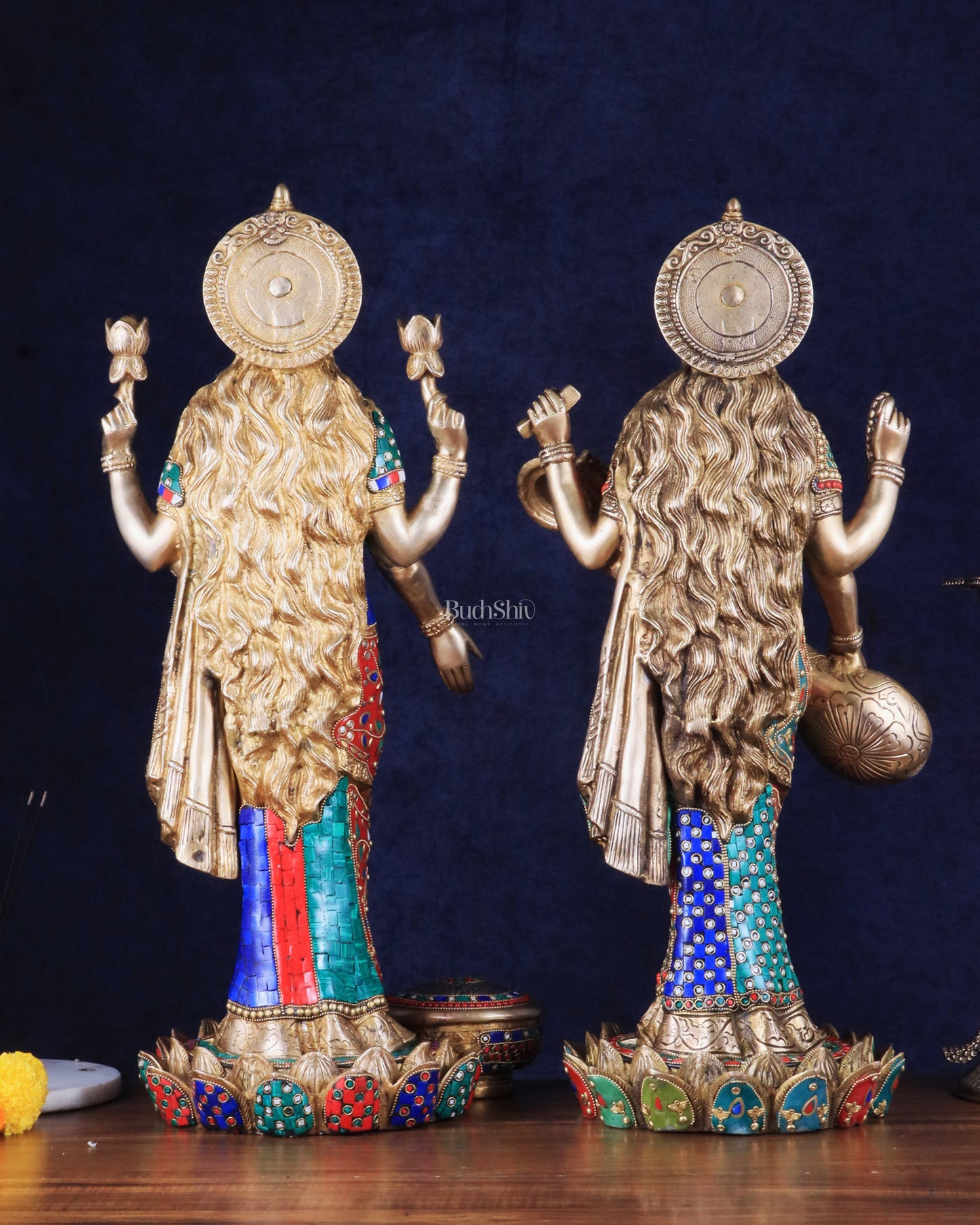 Exquisite Brass Standing Dhan Lakshmi and Saraswati Murti Set - 25" Finely Crafted Idols