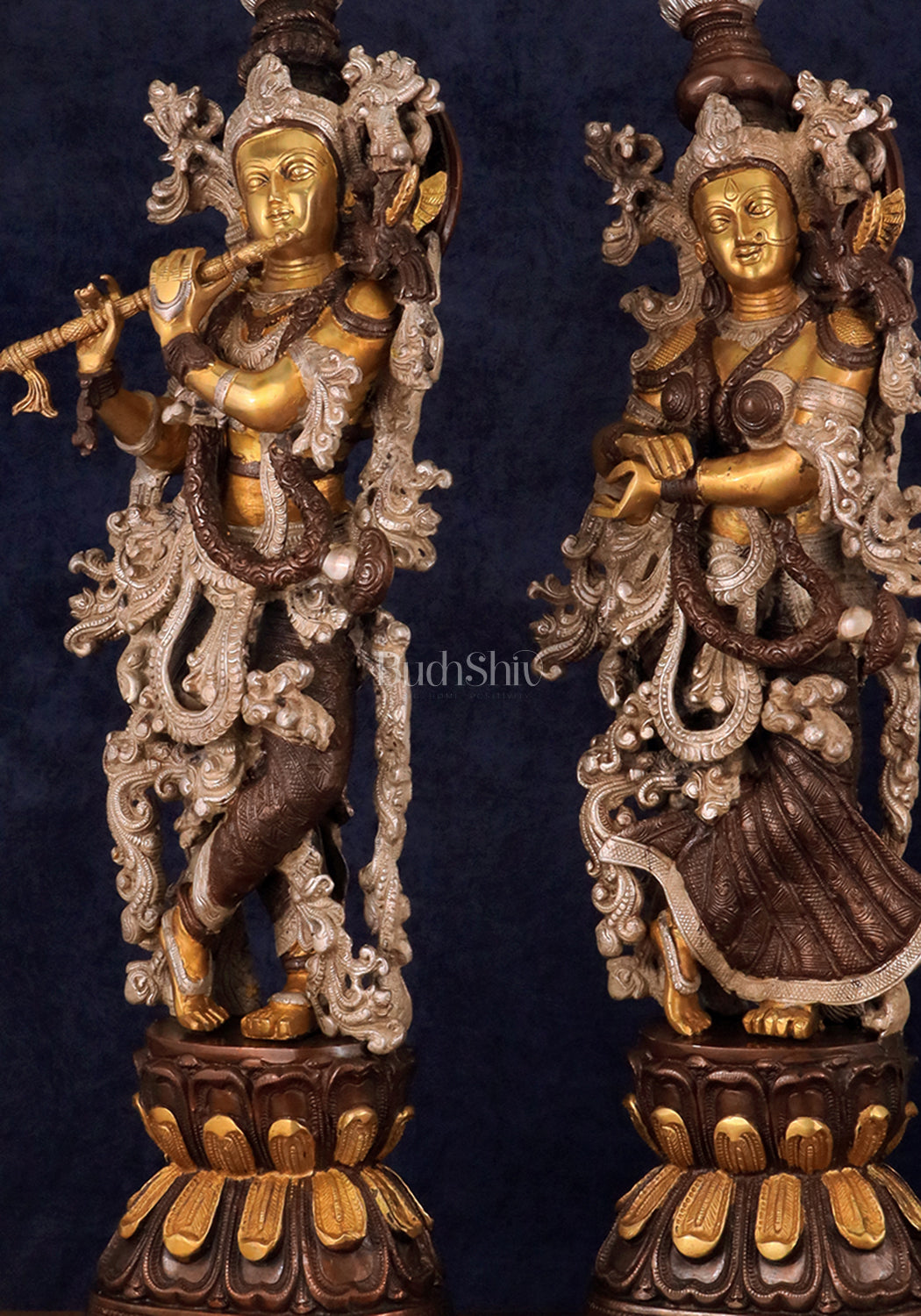 Antique Brass Handcrafted Radha Krishna Statue - 30 Inch