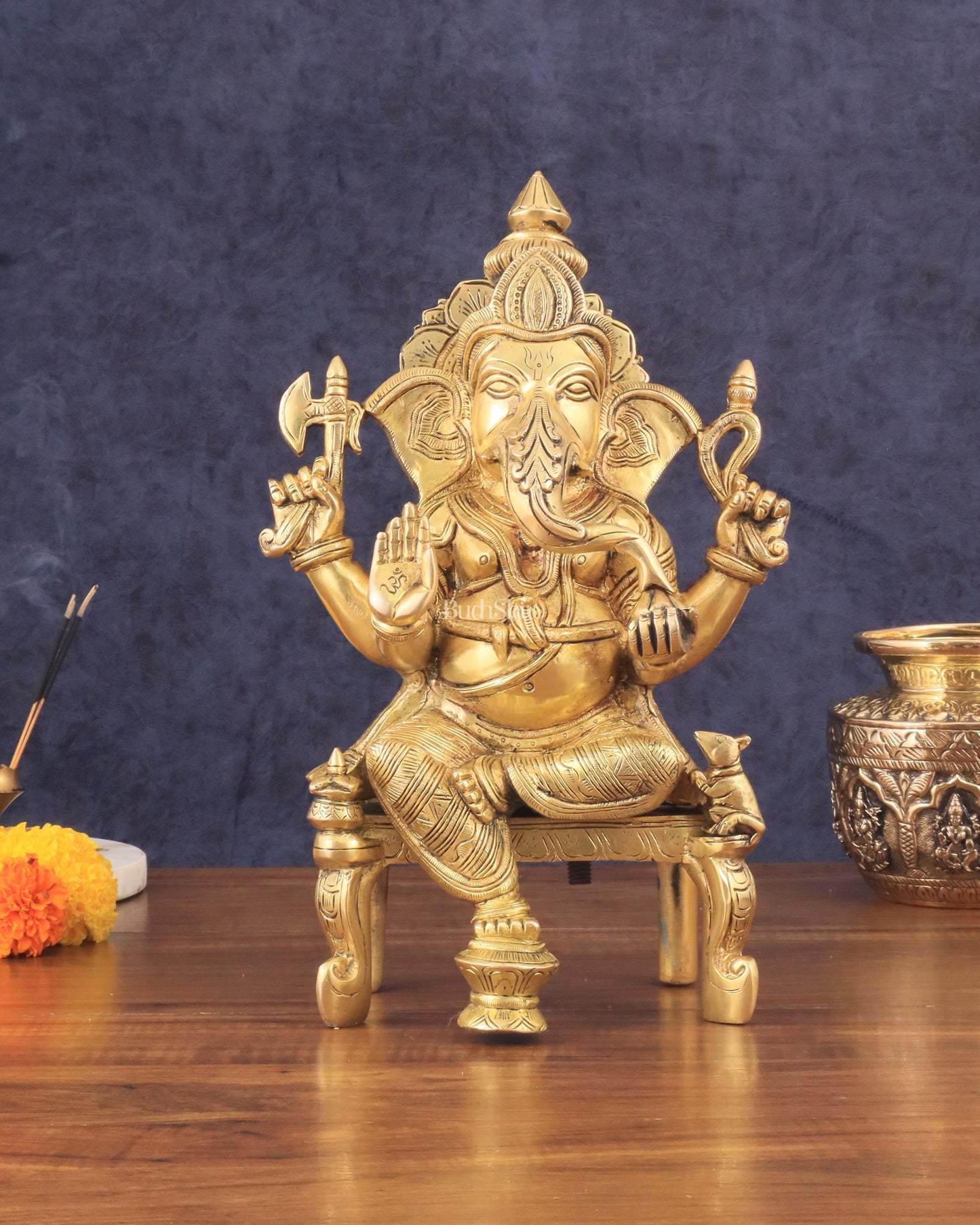 Exquisite Brass Lord Ganesha Seated on Throne Statue - 12" Tall