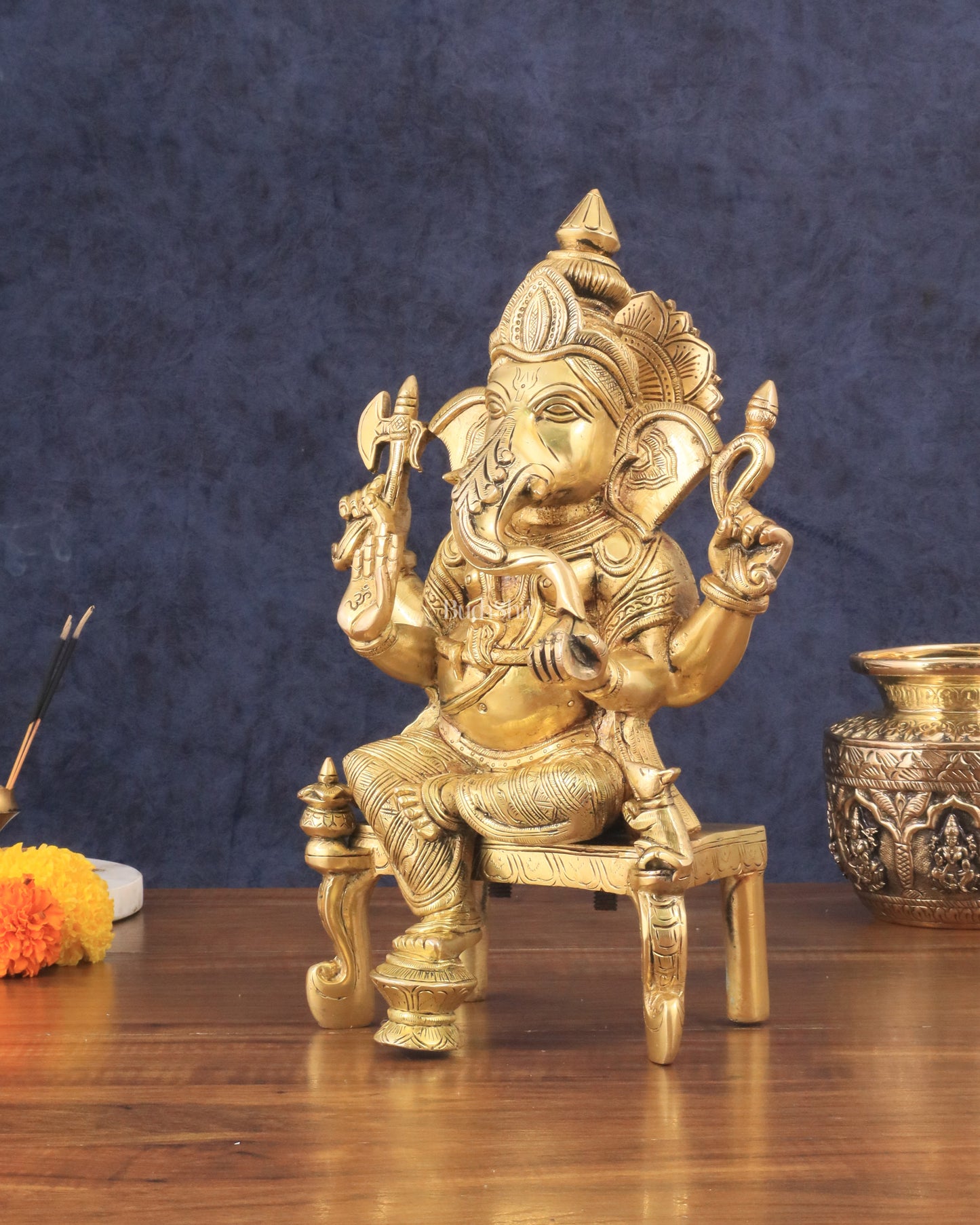 Exquisite Brass Lord Ganesha Seated on Throne Statue - 12" Tall