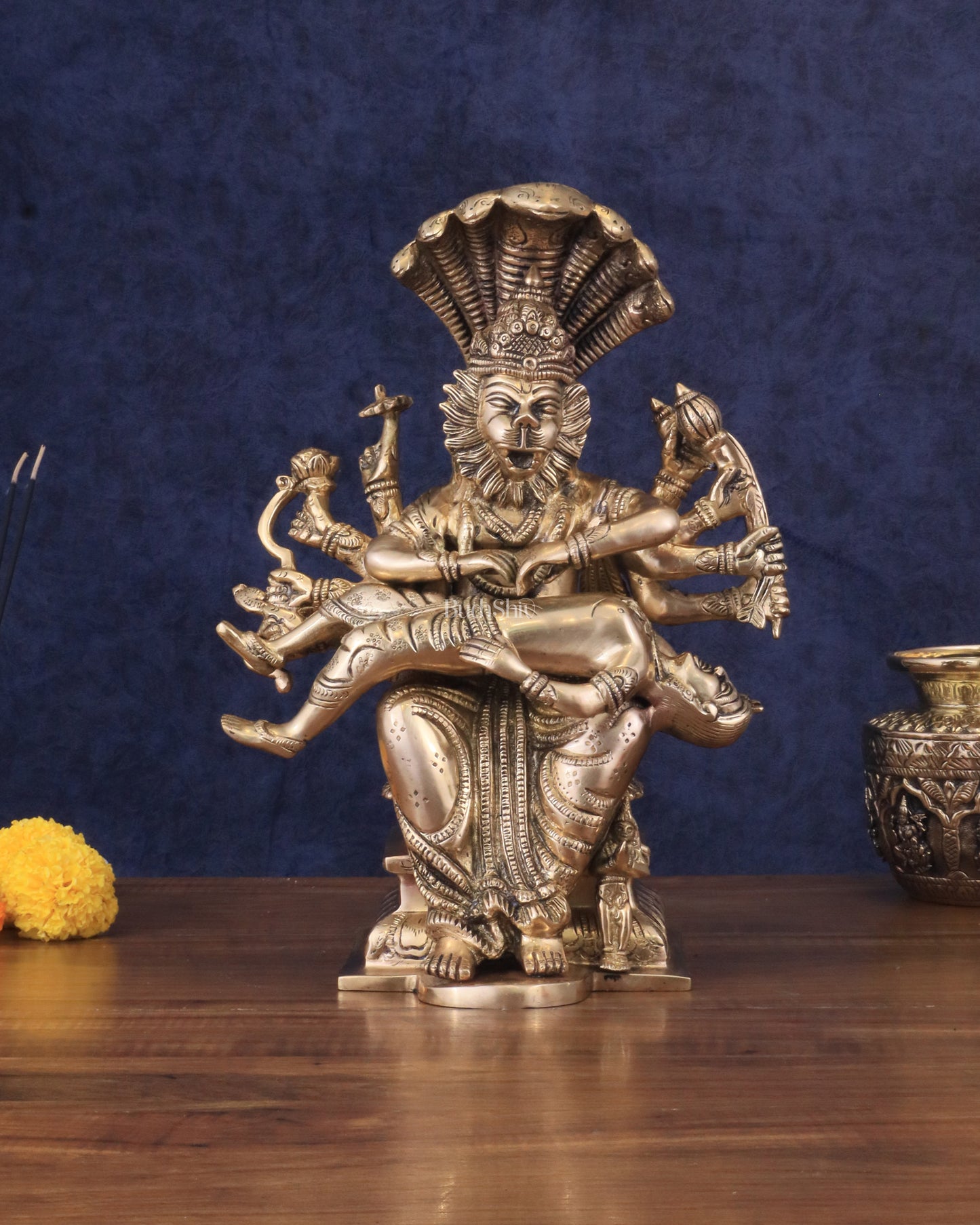 Pure Brass Narasimha Statue killing Hiranyakashipu and Prahlad - 13"