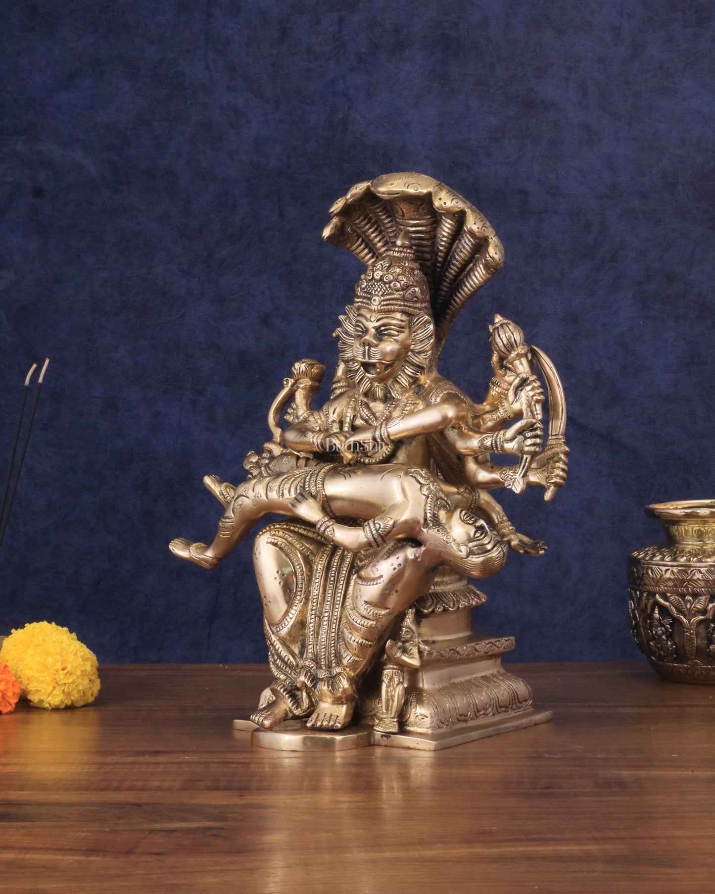 Pure Brass Narasimha Statue killing Hiranyakashipu and Prahlad - 13"