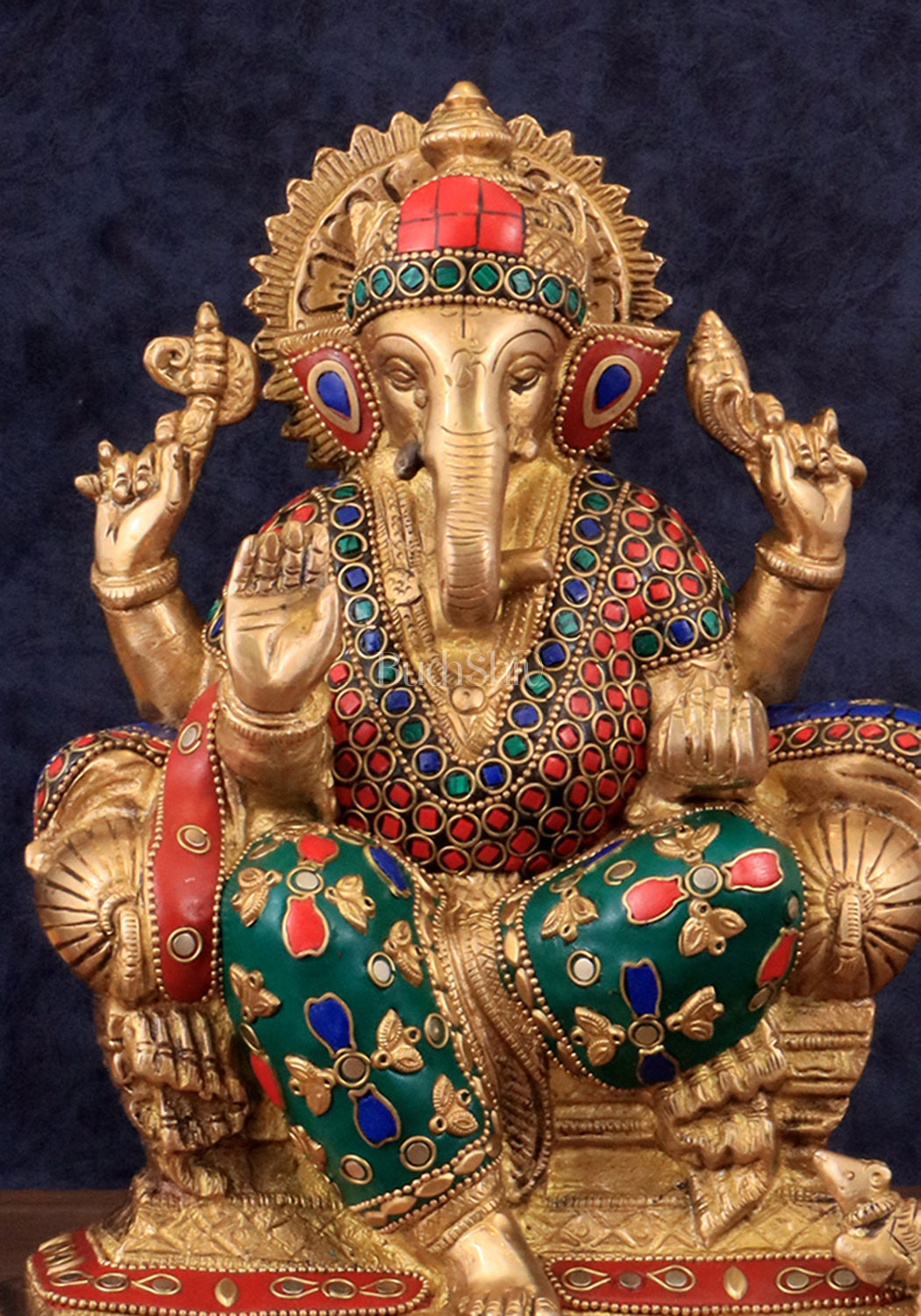 Brass Ganesha Idol with Meenakari Stonework | 10" Height