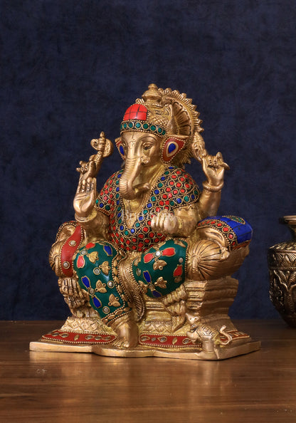 Brass Ganesha Idol with Meenakari Stonework | 10" Height