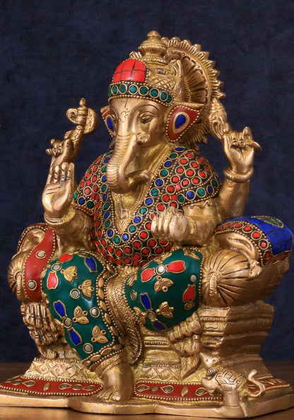 Brass Ganesha Idol with Meenakari Stonework | 10" Height