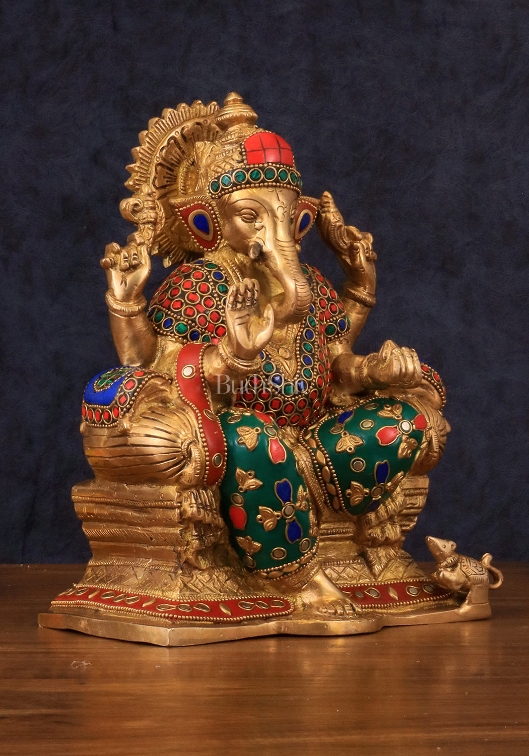 Brass Ganesha Idol with Meenakari Stonework | 10" Height