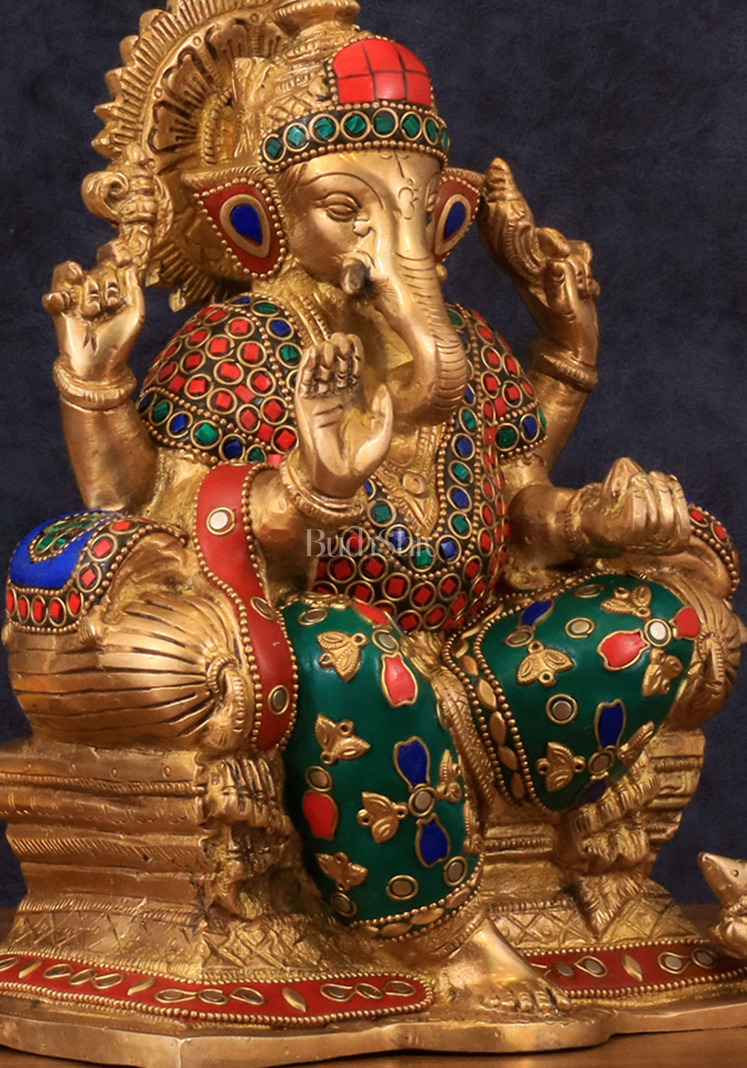 Brass Ganesha Idol with Meenakari Stonework | 10" Height