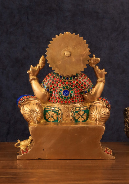 Brass Ganesha Idol with Meenakari Stonework | 10" Height