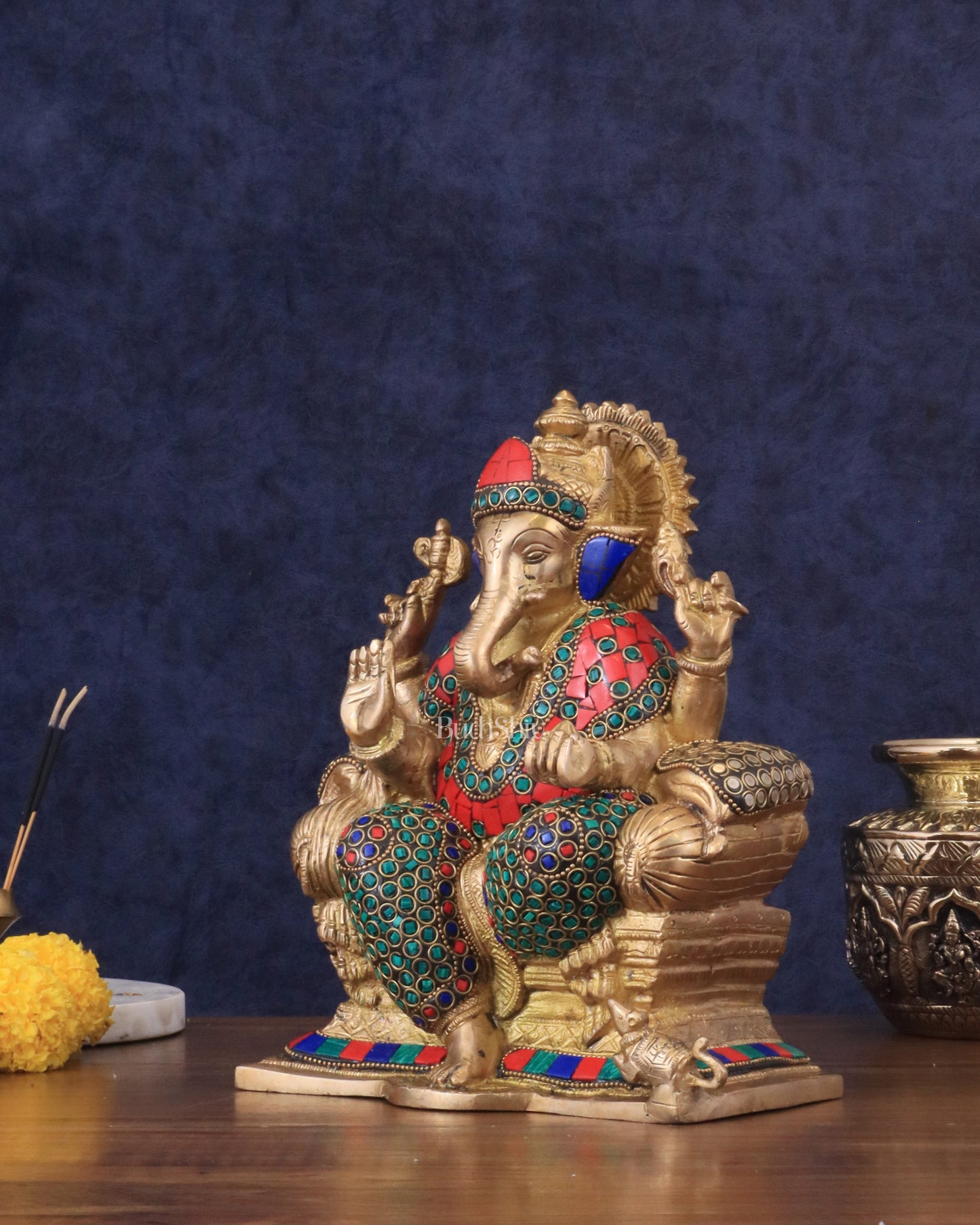 Brass Ganesha statue with Meenakari Stonework | 10" Height