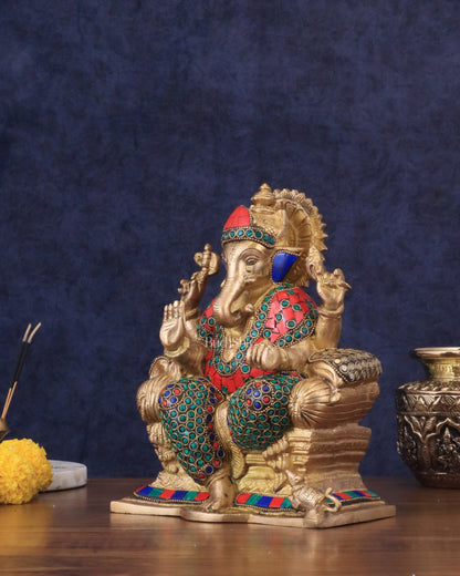 Brass Ganesha statue with Meenakari Stonework | 10" Height