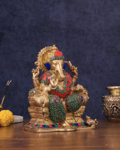 Brass Ganesha statue with Meenakari Stonework | 10" Height