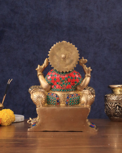 Brass Ganesha statue with Meenakari Stonework | 10" Height