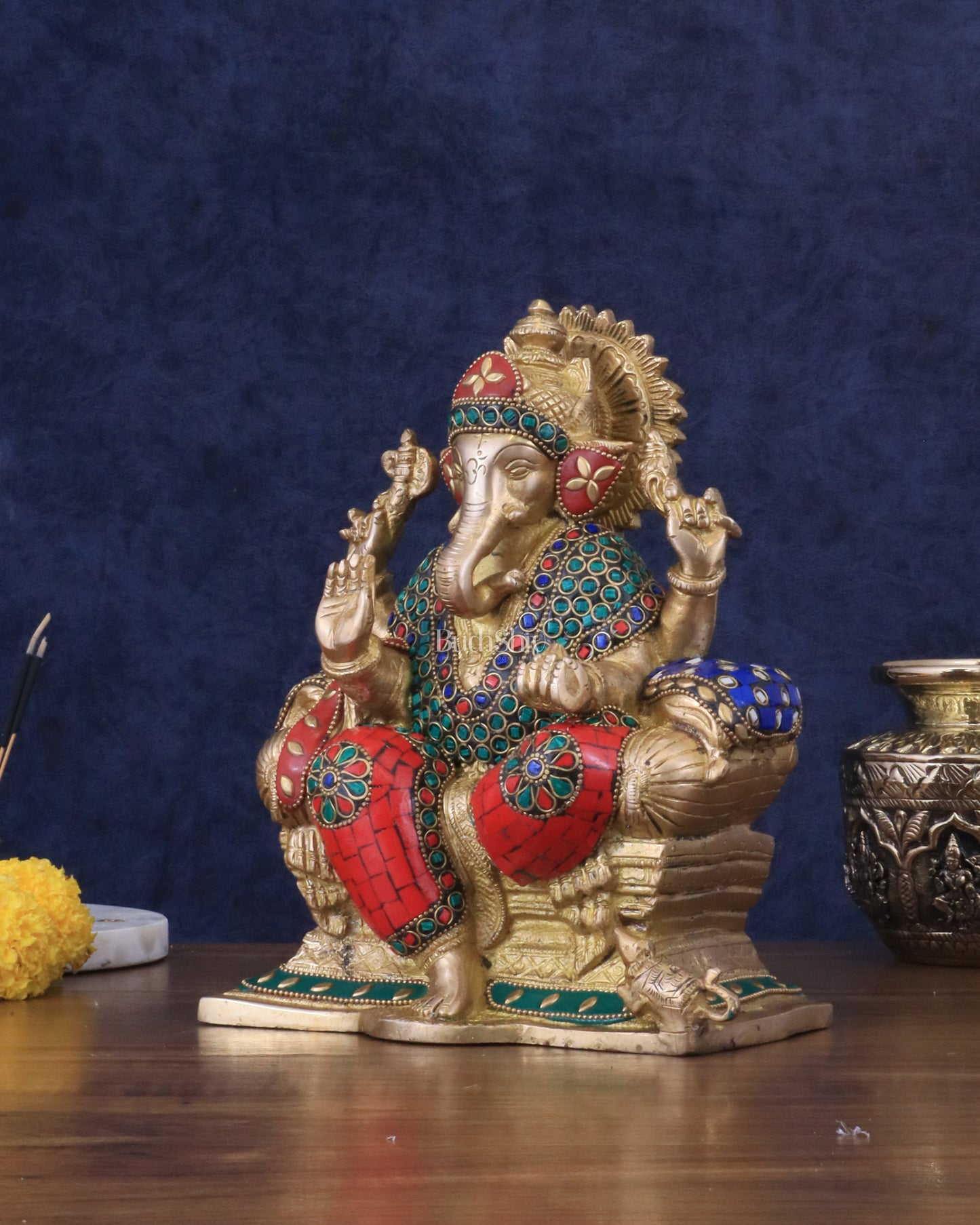 Brass Ganesha murti with Meenakari Stonework | 10" Height