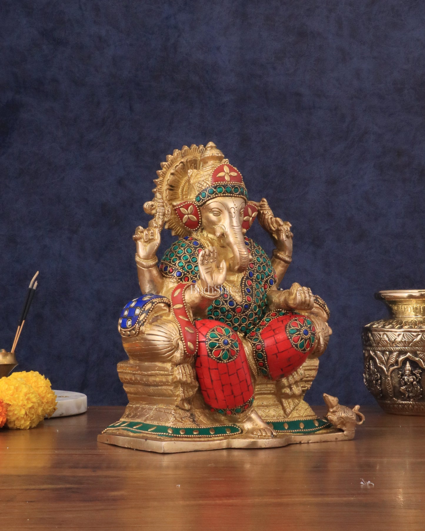 Brass Ganesha murti with Meenakari Stonework | 10" Height